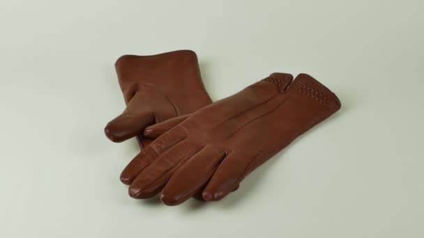 Graceful Womens Brown Leather Gloves White Background Pair New Brown — Stock Video