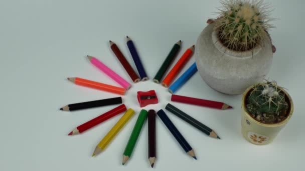 Lápices Madera Multicolores Sobre Fondo Gris Doblados Forma Sol Con — Vídeo de stock