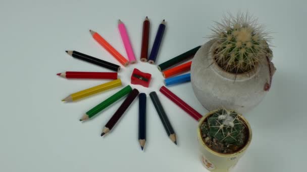 Egy Csoport Színes Ceruza Formájában Egy Nap Egy Ceruza Élező — Stock videók