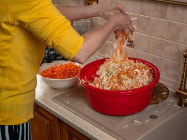 Hostes büyük bir kasede rendelenmiş kırmızı havuçla beyaz lahana karıştırdı. Kış için taze sebze topluyorum. Konserve sebzeleri uzun süre saklamak kolaydır..