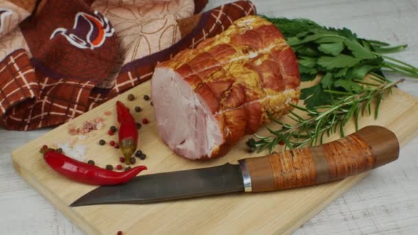 Piece Juicy Tasty Bacon Wooden Cutting Board Carving Knife Multi — Stock Video