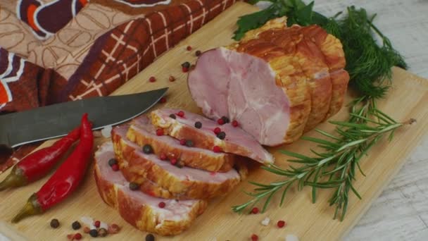 Slices Juicy Delicious Pork Bacon Wooden Cutting Board Carving Knife — 비디오