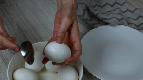 달걀에서 껍질을 주부는 쇠숟가락을 껍질을 껍질을 접시에 달걀을 그릇에 담는다 — 비디오
