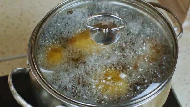 Aardappelen Worden Gekookt Kokend Water Een Roestvrijstalen Metalen Pan Een — Stockvideo