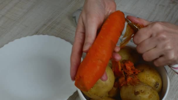 Peeling Boiled Red Carrots Close Womans Hand Peels Boiled Orange — Video Stock