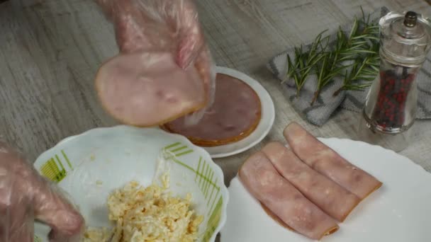 Ham Rolls Various Spices Herbs Close Womans Hands Wrapping Various — 图库视频影像