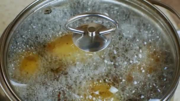 Cuisinière Gaz Avec Pommes Terre Bouillies Dans Une Casserole Acier — Video