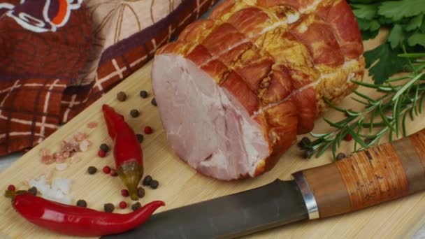 Piece Juicy Tasty Pork Bacon Wooden Cutting Board Carving Knife — 图库视频影像