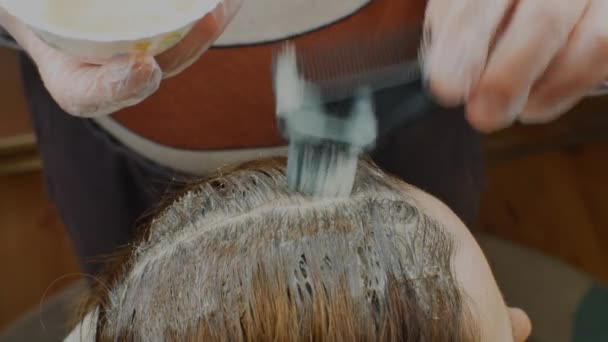 Frau Färbt Sich Schönheitssalon Die Haare Ein Männlicher Friseur Streicht — Stockvideo