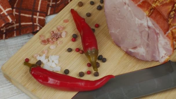 Piece Juicy Tasty Pork Bacon Wooden Cutting Board Carving Knife — Vídeos de Stock