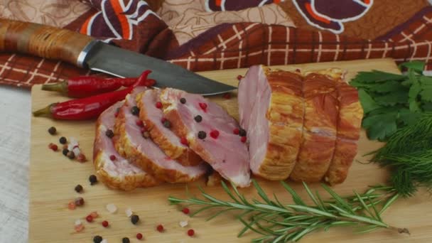 Slices Juicy Delicious Pork Bacon Wooden Cutting Board Carving Knife — Vídeos de Stock