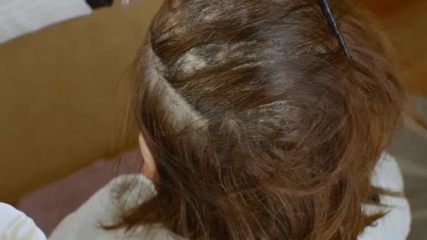 Kobieta Fryzjer Przeczesuje Włosy Kobiet Farbuje Zbliżenie Dłoni Fryzjera Pędzlem — Wideo stockowe