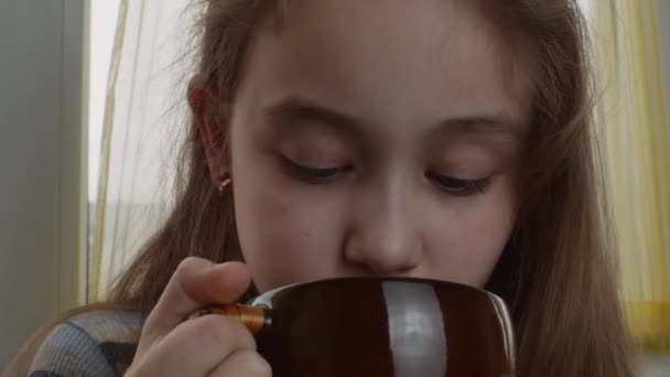 有趣的女孩看着相机 吃着巧克力棉花糖 特写一个快乐而满足的女孩吃棉花糖和喝茶的脸 儿童红地毯问题的概念 — 图库视频影像