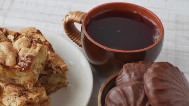 Tea Homemade Cakes Chocolates Close Apple Pie Cup Black Tea — Stock Video