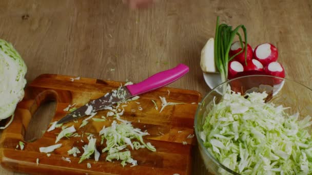 女性は野菜サラダを作る 野菜のサラダとボウルに木製のまな板からナイフでみじん切り白菜を削除するクローズアップ女性の手 新鮮なビーガンヘルシーなサラダを調理する概念 — ストック動画