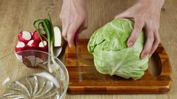 Μια Γυναίκα Χρησιμοποιεί Ένα Κουζινομάχαιρο Για Κόψει Φρέσκο Άσπρο Λάχανο — Αρχείο Βίντεο