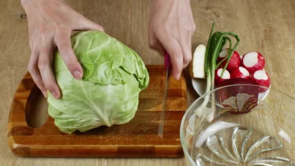 Hands Woman Chopping White Cabbage Kitchen Knife Cutting Board Preparing — Stock Video
