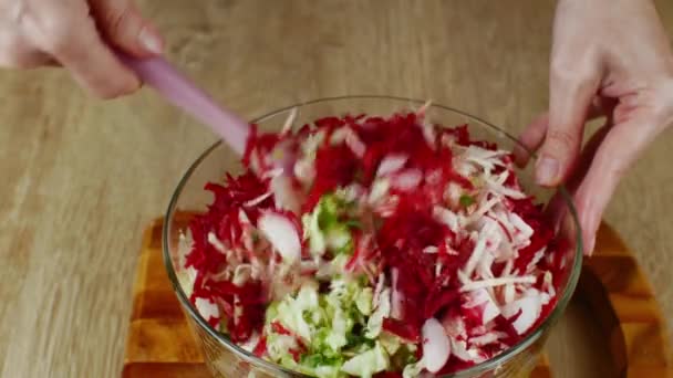 Hausfrau Rührt Frischen Gemüsesalat Mit Einem Plastikspatel Einer Glasschüssel Großaufnahme — Stockvideo