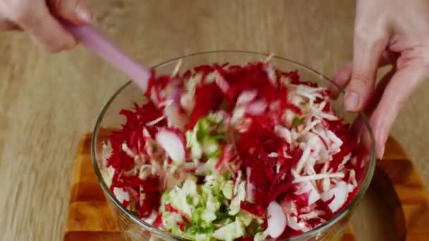 Cocinero Revuelve Las Verduras Picadas Con Una Cuchara Silicona Recipiente — Vídeo de stock