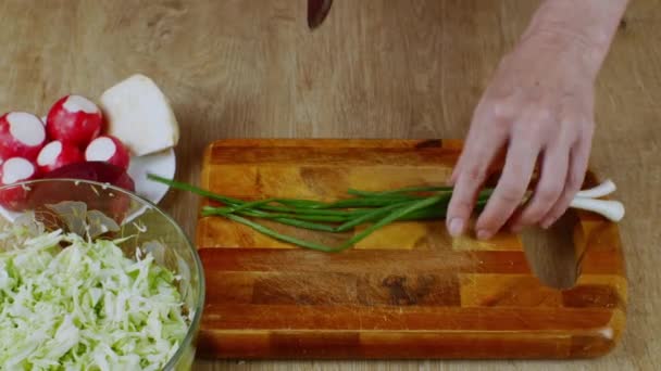 Hembra Prepara Una Ensalada Verduras Frescas Primer Plano Picar Cebollas — Vídeos de Stock
