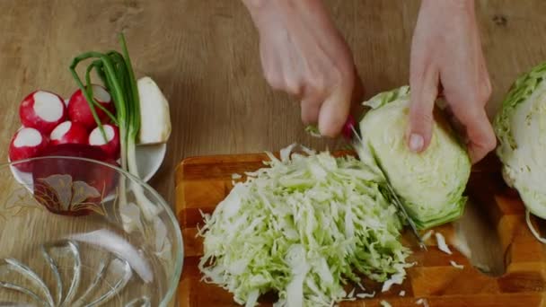 Hausfrau Schneidet Weißkohl Für Gemüsesalat Dünn Großaufnahme Weiblicher Hände Die — Stockvideo