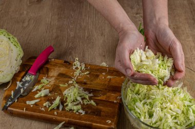 Kadın elleriyle doğranmış beyaz lahanayı alıyor ve lahana kabını bir kase salataya koyuyor. Bir ev hanımı taze sebze salatası hazırlar. Taze sebzelerden salata pişirme kavramı.