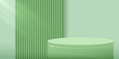 Podyum ya da ürün sergisi. Doğal güzellik ürünleri için vektör modeli. Taze yeşil renk. Gösteri için sahne. 3 boyutlu görüntüleme. Yumuşak ışık.