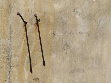 İki paslı çivi yıpranmış bir duvara sıkışmış. Yumuşak gölgeler bırakıyor.