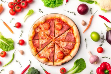 Jamon, domates, zeytin ve beyaz arka plan üzerinde izole mantar İtalyan pizza. Üstten Görünüm. Kırpma yoluyla dahil