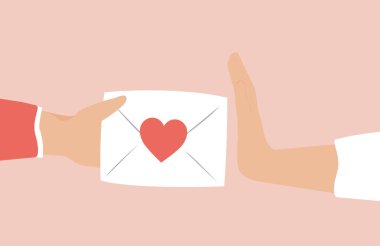 Woman refusing a letter or envelope with red heart containing a love confession and affection from a man. Concept of unsolicited love declaration, relationships breakup, friend zone and broken heart. clipart