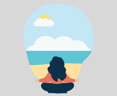Meditasyon yapan bir kadın plajda yoga yapıyor. Nilüfer çiçekli sakin bir kadın doğa manzarası önünde nefes egzersizi yapıyor. Farkındalık, Zen, Rehberli Meditasyon, Manzara, Uyum Konsepti. 