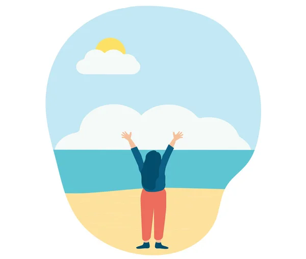 Happy Woman Raised Hands Front Beach Joyful Girl Doing Stretching — Stock Vector