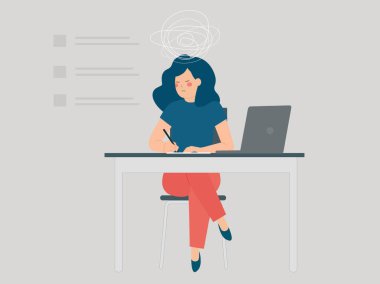 Ofis masasında oturan bunalımlı iş kadını stres ve depresyon hissediyor. Bitmemiş projeler yüzünden üzgün kadın işçi ya da patron kendini çok meşgul hissediyor. Yanma, işgücü sömürü konsepti.