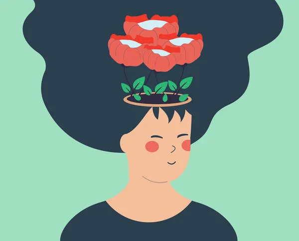 Ilustrace Pozitivního Myšlení Mladá Žena Květinami Hlavě Symbolizuje Šťastné Myšlenky — Stockový vektor