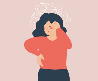 Sad woman with tangled thoughts suffers from stress, depression, anxiety. Anxious girl has confused thinking. Depressed female adolescent has memory problems. Concept of mental health disorder. clipart