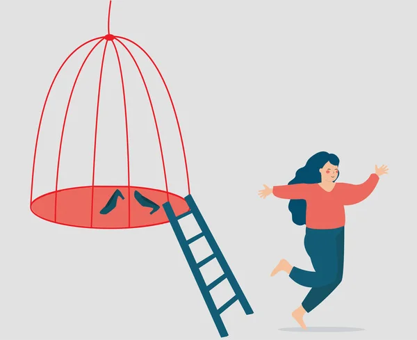 Femme Échappant Une Cage Pour Retrouver Liberté Une Femme Enfuit — Image vectorielle