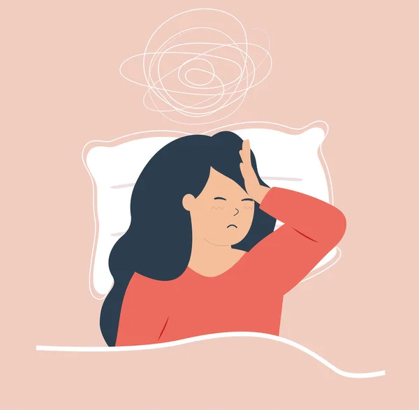 女性はベッドの上に寝そべっていて 頭痛のために夜寝るのが難しい 不眠症や悪夢 ネガティブな考えに悩まされています 精神衛生と睡眠障害 — ストックベクタ
