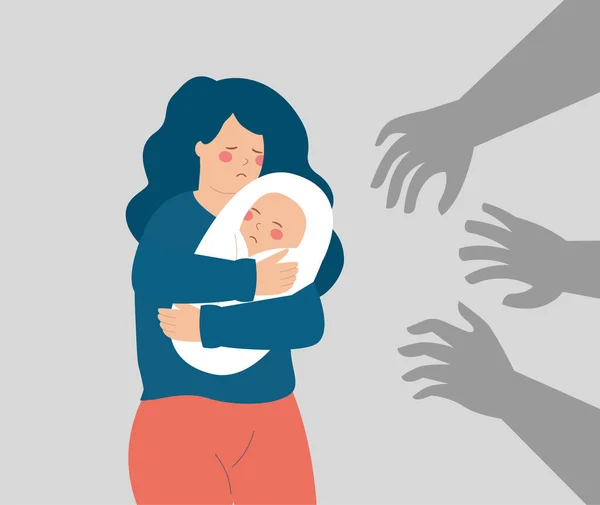 Une Mère Terrifiée Protège Son Bébé Des Mains Dangereuses Qui — Image vectorielle