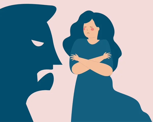 Man Shadow Threatening Terrified Woman Girl Says Abuse Protects Herself — Stock Vector