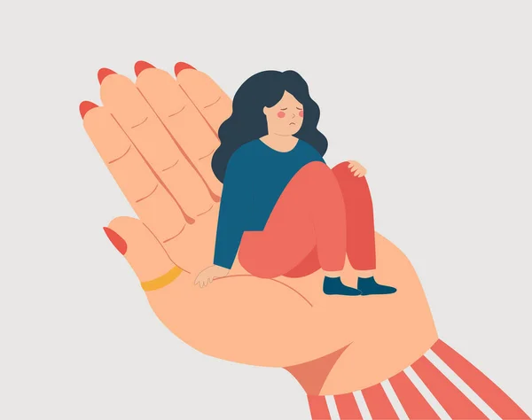Lonely Woman Sits Big Hand Needs Support Care Counselor Helps — Archivo Imágenes Vectoriales