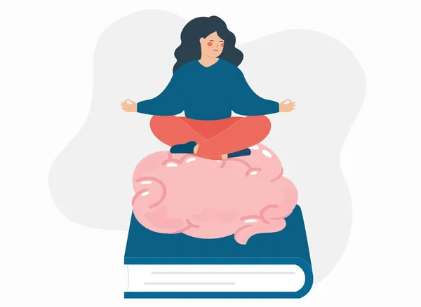 Woman Sits Giant Book Big Brain Girl Student Fan Literature — Stock Vector