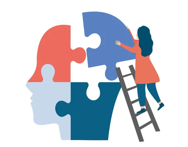 Psychotherapeutin Verbindet Puzzleteile Eines Kopfes Miteinander Illustration Zur Unterstützung Und — Stockvektor