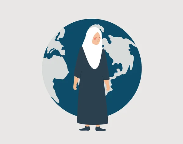 Donna Araba Con Hijab Fronte Mondo Ragazza Musulmana Dal Medio — Vettoriale Stock