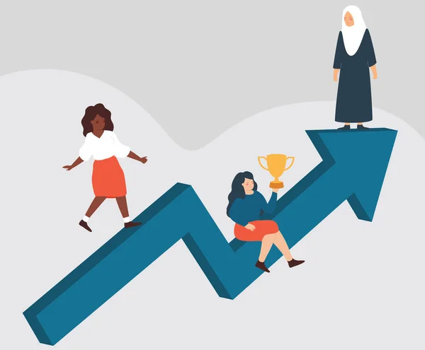 Las Mujeres Multirraciales Apoyan Mutuamente Suben Flecha Del Éxito Mujeres — Vector de stock