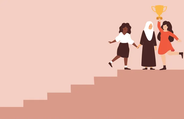 Las Mujeres Multirraciales Apoyan Mutuamente Suben Las Escaleras Tres Madres — Vector de stock