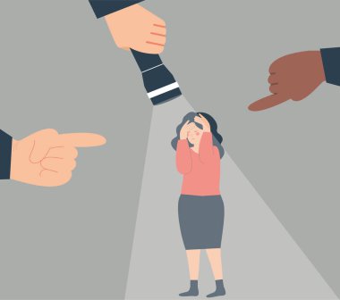 A woman victim of bullying. Red-handed teenage girl under the spotlight. Female surrounded by fingers and a flashlight pointed at her. Accusation, blaming concept. Stop abusing, violence against women clipart