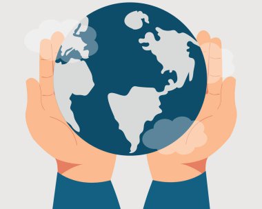 Büyük eller mavi gezegeni sevgi ve özenle tutuyor. Toprak ana enerji tasarrufunu ve Dünya Toprak Günü 'nü destekliyor. Doğaya ve çevreye olan saygının sembolü. Vektör illüstrasyonu