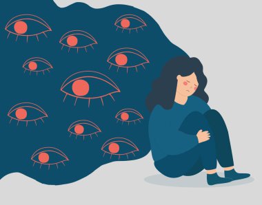 Sad woman surrounded by big evil eyes, feels helpless and overwhelmed. Teenage girl suffers from gossip, verbal abuse and bullying. Concept of mental health disorder, phobia, and fears. Vector stock. clipart