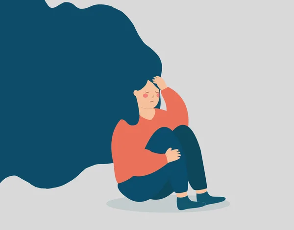 排出された女性はうつ病 ストレス 燃え尽きや否定的な考えを取り除くことはできません 孤独な女の子が座って膝を抱きかかえている 精神衛生の病気や心理的な問題の概念 ベクター株式 — ストックベクタ