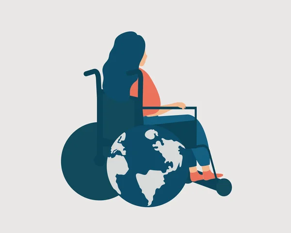 이동성 제한적 여성은 휠체어에 활동가들은 지구나 에너지에 관심을 가지고 있습니다 — 스톡 벡터